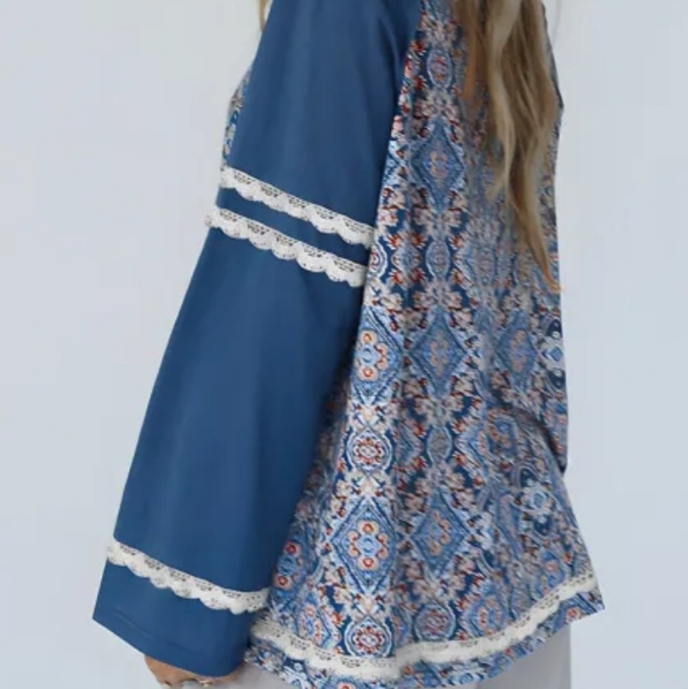 New Blue Patterned Lace Detail Women's Top - Picture 4 of 15